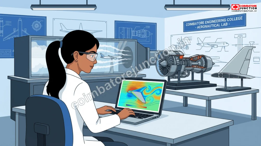 Aeronautical engineering student working with aircraft components and wind tunnel equipment in a Coimbatore engineering college laboratory