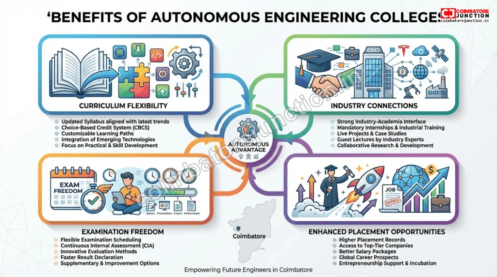 Infographic showing benefits of autonomous engineering colleges in Coimbatore including curriculum flexibility, industry connections, and better placement preparation