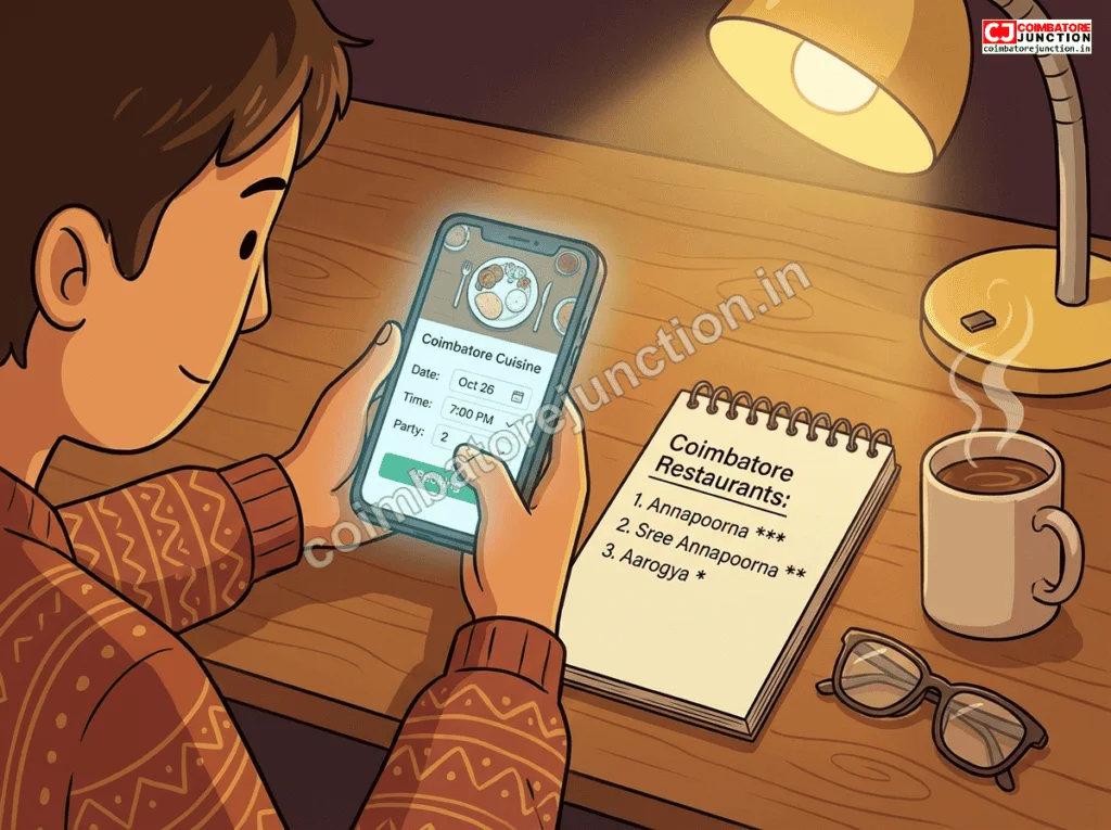 Making a reservation at a vegetarian restaurant in Coimbatore using smartphone