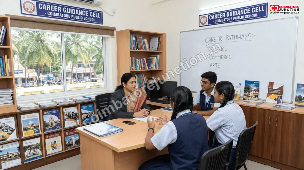 Career counselor guiding senior students at a Coimbatore school about higher education and career options