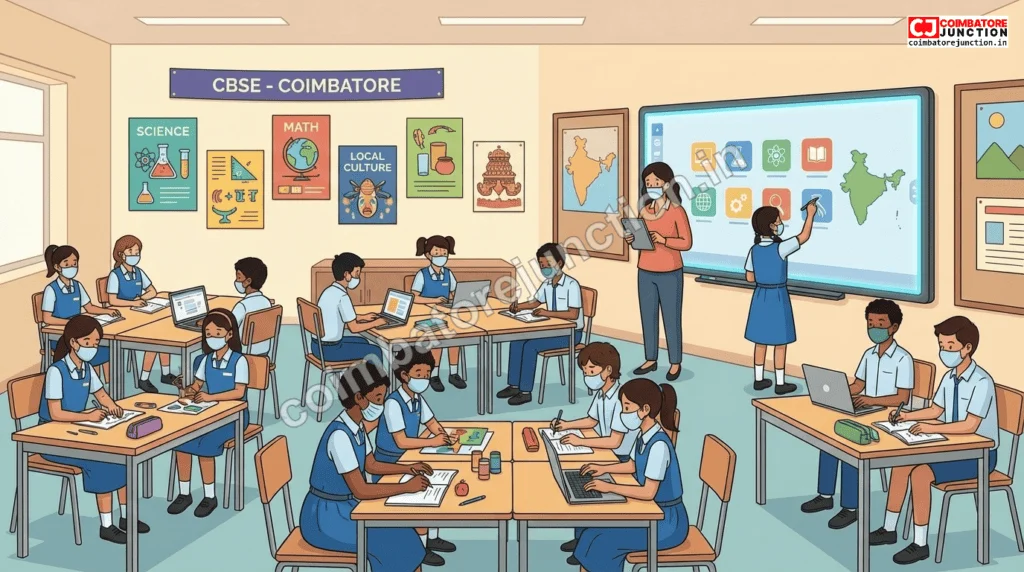 Students in a modern CBSE school classroom in Coimbatore engaged in interactive learning with smart board technology