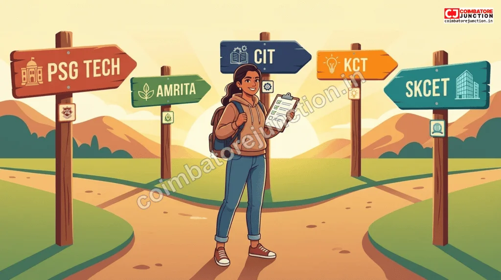 Inspirational illustration of student choosing between top Coimbatore engineering colleges including PSG Tech, Amrita, CIT, and KCT with career success path in background