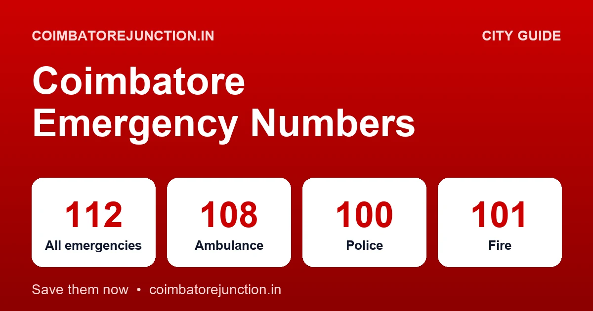 Coimbatore emergency numbers: 112, 108 ambulance, 100 police, 101 fire