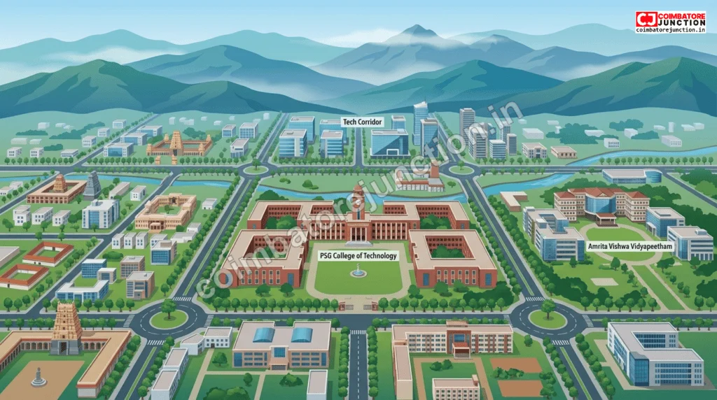 Aerial view of Coimbatore city showing top engineering college campuses including PSG Tech, Amrita, and CIT with Western Ghats in background