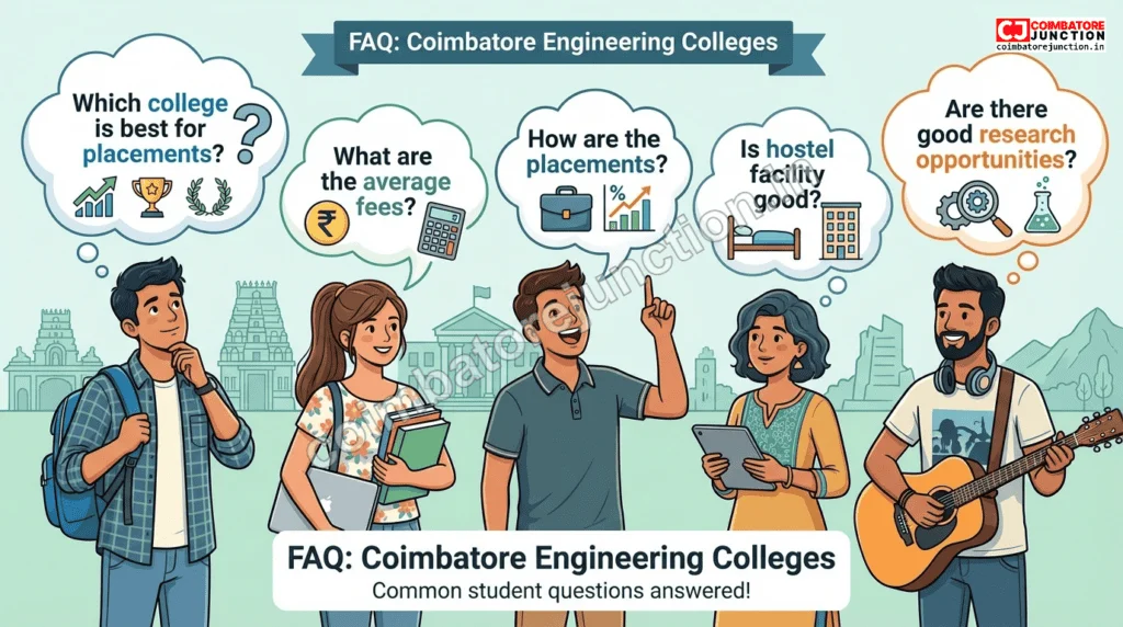 Illustration showing frequently asked questions about Coimbatore engineering colleges with student figures and thought bubbles containing common queries about admissions, fees, and placements