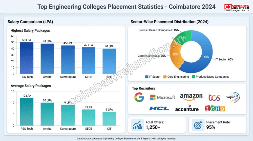 Infographic comparing placement statistics of PSG Tech, Amrita, CIT, SKCET, and KCT engineering colleges in Coimbatore showing packages and top recruiters