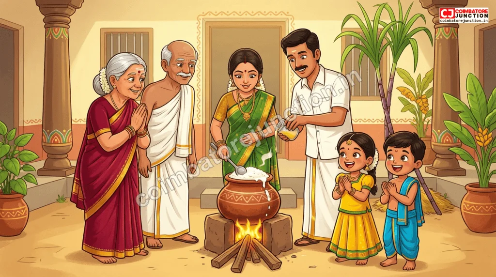 Multi-generational Tamil family celebrating Pongal together in Coimbatore home with traditional cooking and decorations