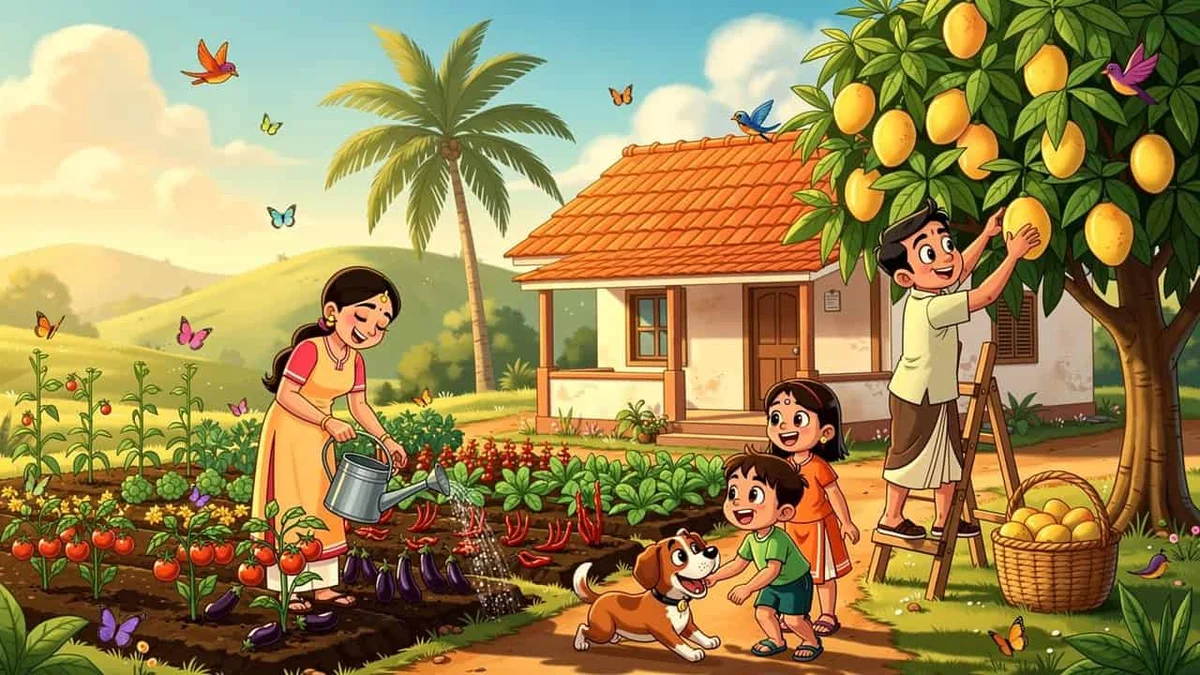 Happy cartoon family enjoying weekend on Coimbatore farm