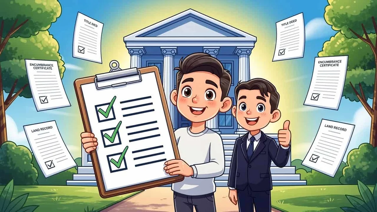Cartoon buyer completing legal checklist before farm land purchase