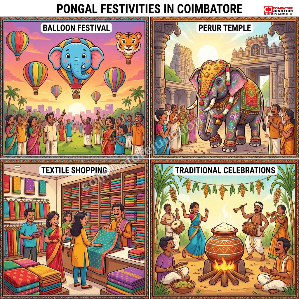  Collage showing Coimbatore Pongal highlights including Balloon Festival, temple celebrations, textile shopping, and family gatherings