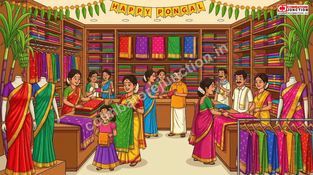 Colorful silk sarees displayed during Pongal sale at a textile shop in Coimbatore with festive decorations and shoppers