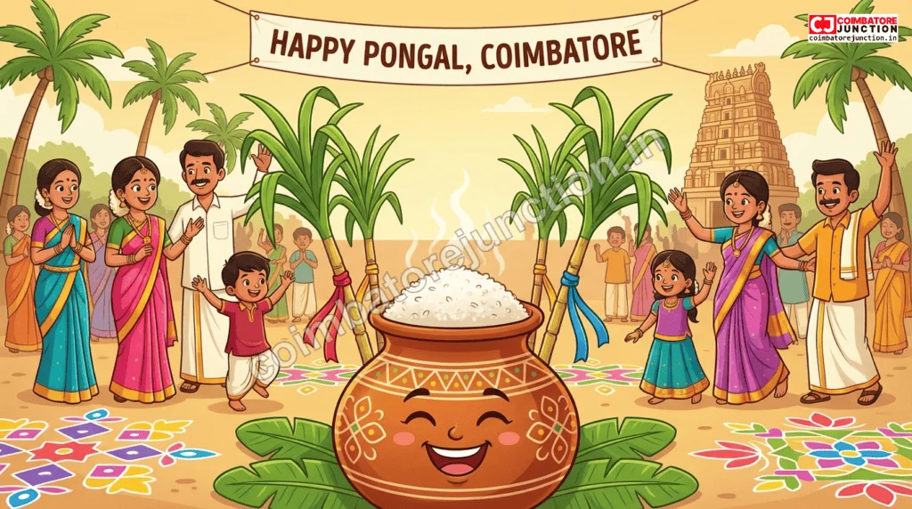 Traditional Pongal celebration in Coimbatore with overflowing pot, sugarcane stalks, and kolam rangoli designs