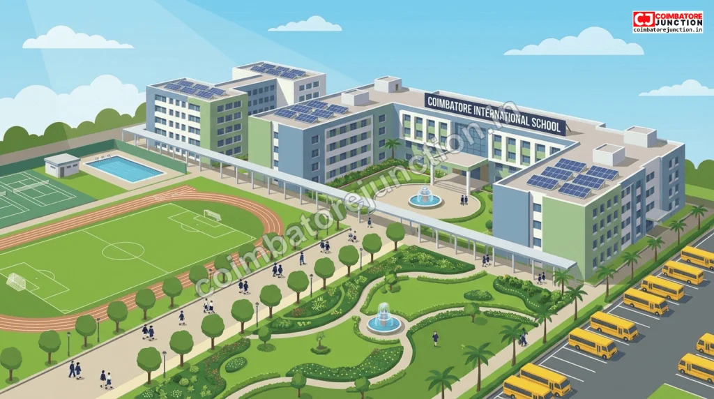 Aerial view of a top-rated school campus in Coimbatore featuring modern buildings, sports facilities, and green spaces