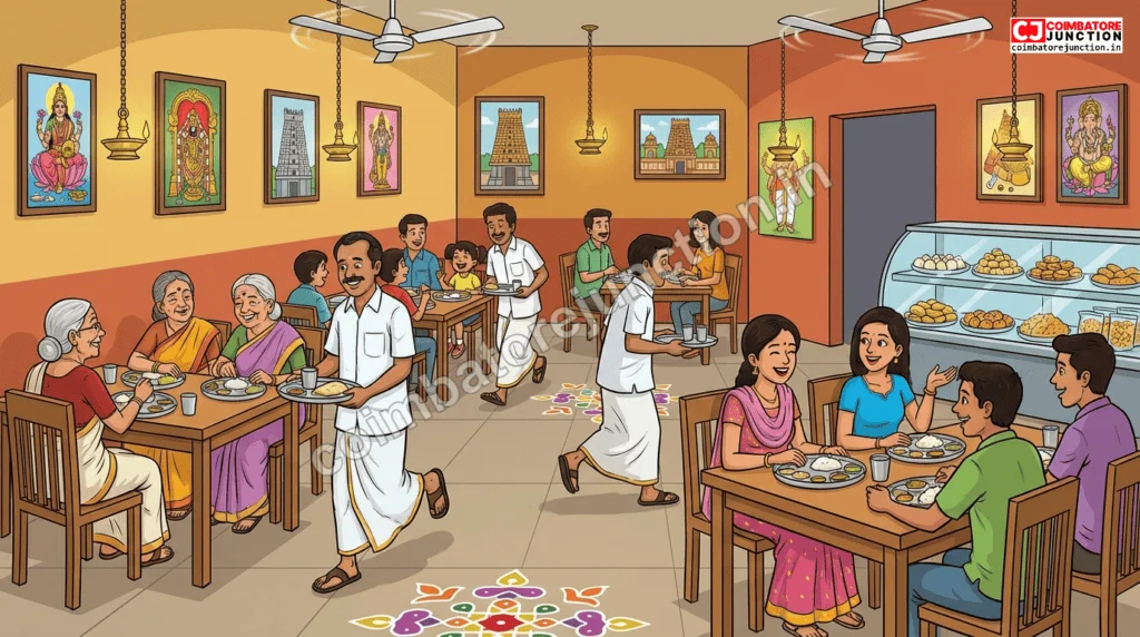 Busy budget-friendly pure veg restaurant in Coimbatore serving traditional meals