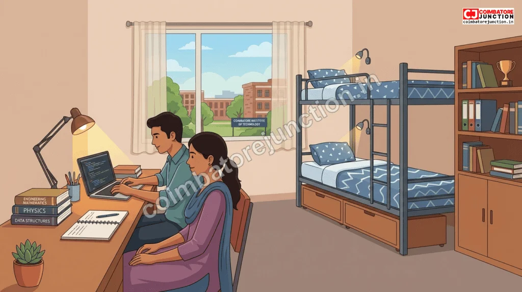 Modern engineering college hostel room in Coimbatore showing study area, beds, and students in a comfortable academic living environment