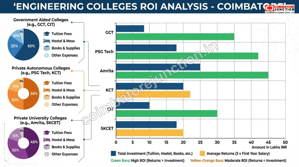 ROI comparison infographic of Coimbatore engineering colleges showing total investment versus average placement packages for GCT, CIT, PSG Tech, SKCET, and Amrita