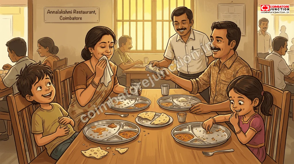 Happy family completing a vegetarian meal at a restaurant in Coimbatore