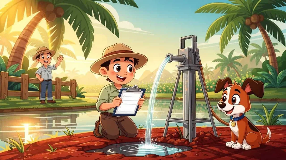 Cartoon buyer checking borewell water on Coimbatore farm