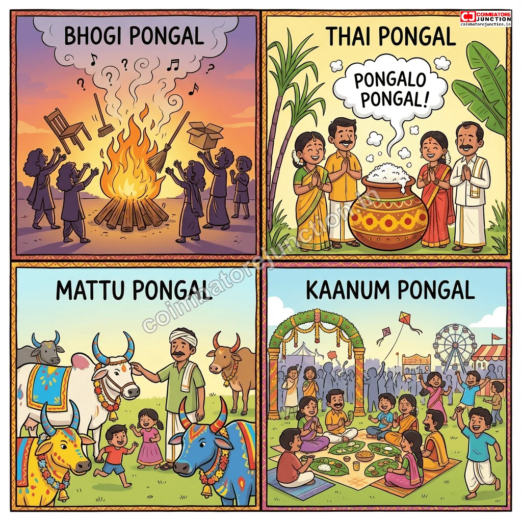 Four days of Pongal festival celebrations showing Bhogi bonfire, Thai Pongal cooking, Mattu Pongal cattle worship, and Kaanum Pongal family outing