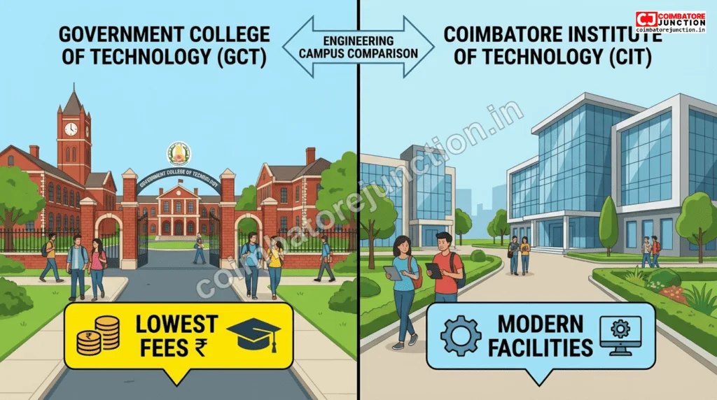 Comparison of Government College of Technology GCT and Coimbatore Institute of Technology CIT campus buildings showing government engineering colleges in Coimbatore