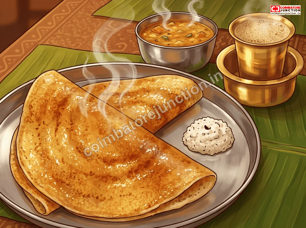 Crispy ghee roast dosa with filter coffee at a Coimbatore vegetarian restaurant