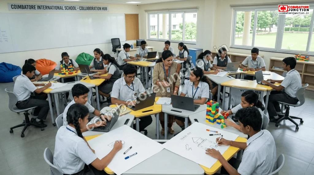 Students at a Coimbatore international school collaborating on a project-based learning activity in a modern classroom