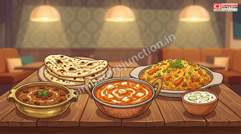 North Indian vegetarian dishes served at a restaurant in Coimbatore