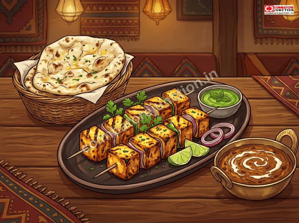 North Indian paneer tikka with dal makhani and butter naan at a Coimbatore vegetarian restaurant
