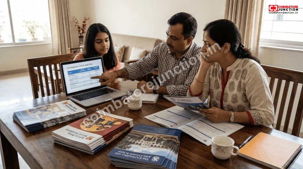 Parents researching and comparing Coimbatore schools using online resources and brochures for admission decisions