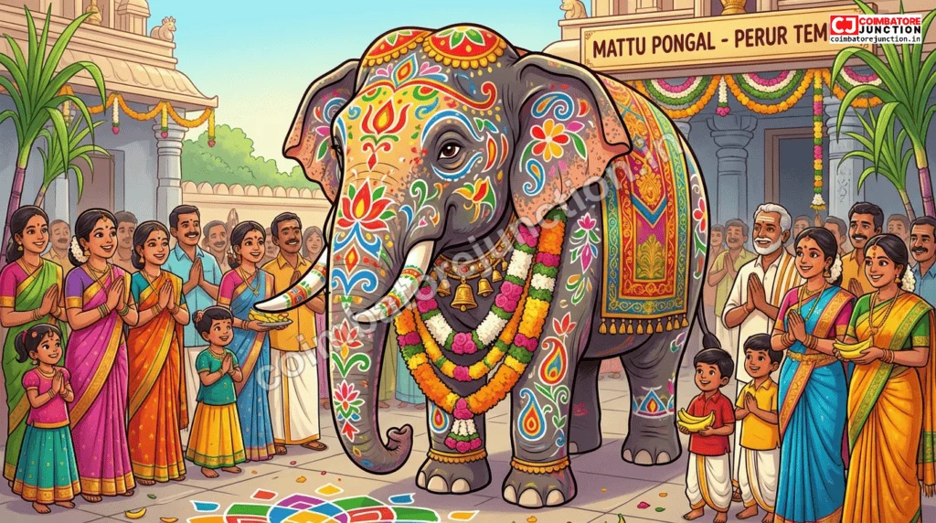 Decorated temple elephant Kalyani at Perur Patteeswarar Temple Coimbatore during Mattu Pongal celebration