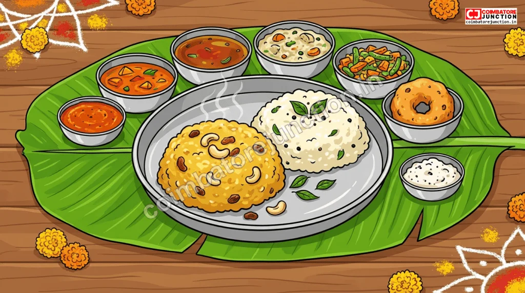 Traditional Pongal thali on banana leaf with Sakkarai Pongal, Venn Pongal, sambar, rasam, and festive sweets
