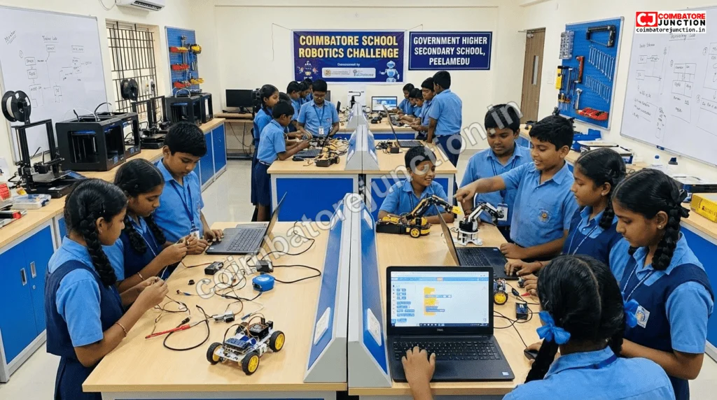 Students engaged in robotics and STEM activities at a Coimbatore school's technology lab
