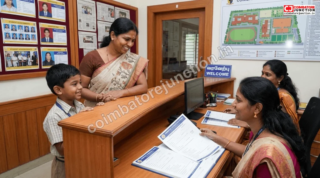 Parent and child at a Coimbatore school admission office during the enrollment process