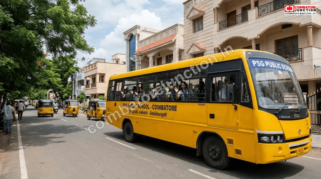 School bus transporting students through a Coimbatore neighborhood, representing daily commute considerations for parents
