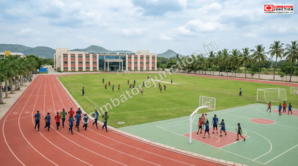 Students engaged in sports activities at a Coimbatore school's well-maintained playground and sports facilities