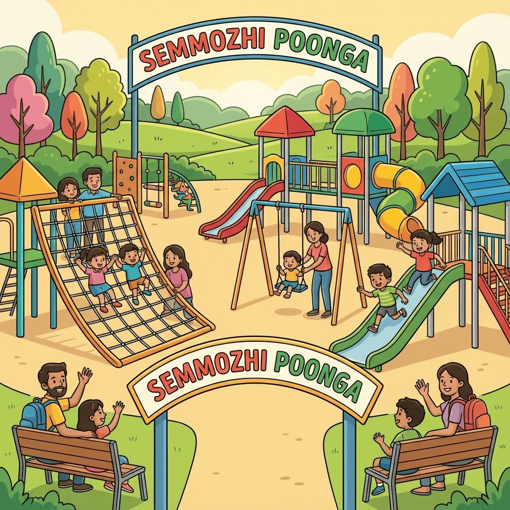 Family enjoying the children's playground at Semmozhi Poonga botanical garden in Coimbatore