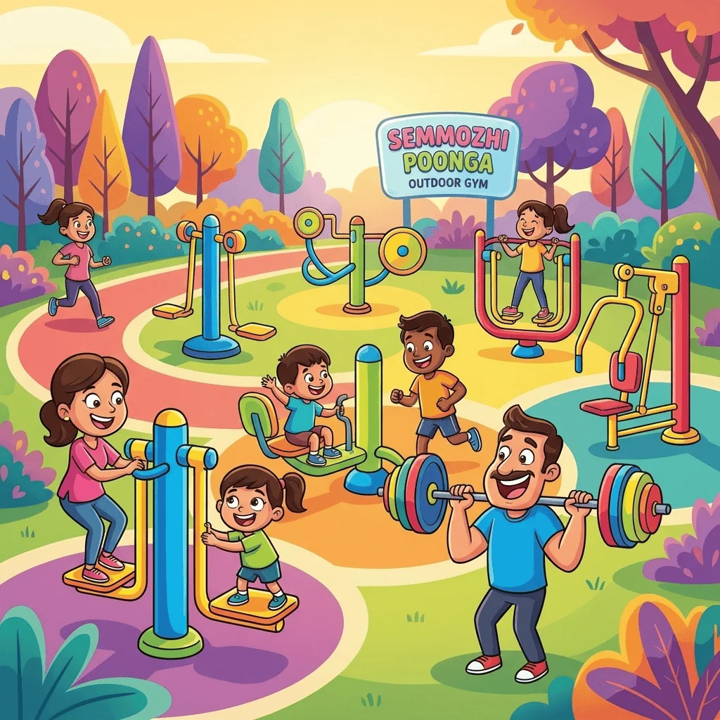 Outdoor gym with modern exercise equipment at Semmozhi Poonga botanical garden Coimbatore