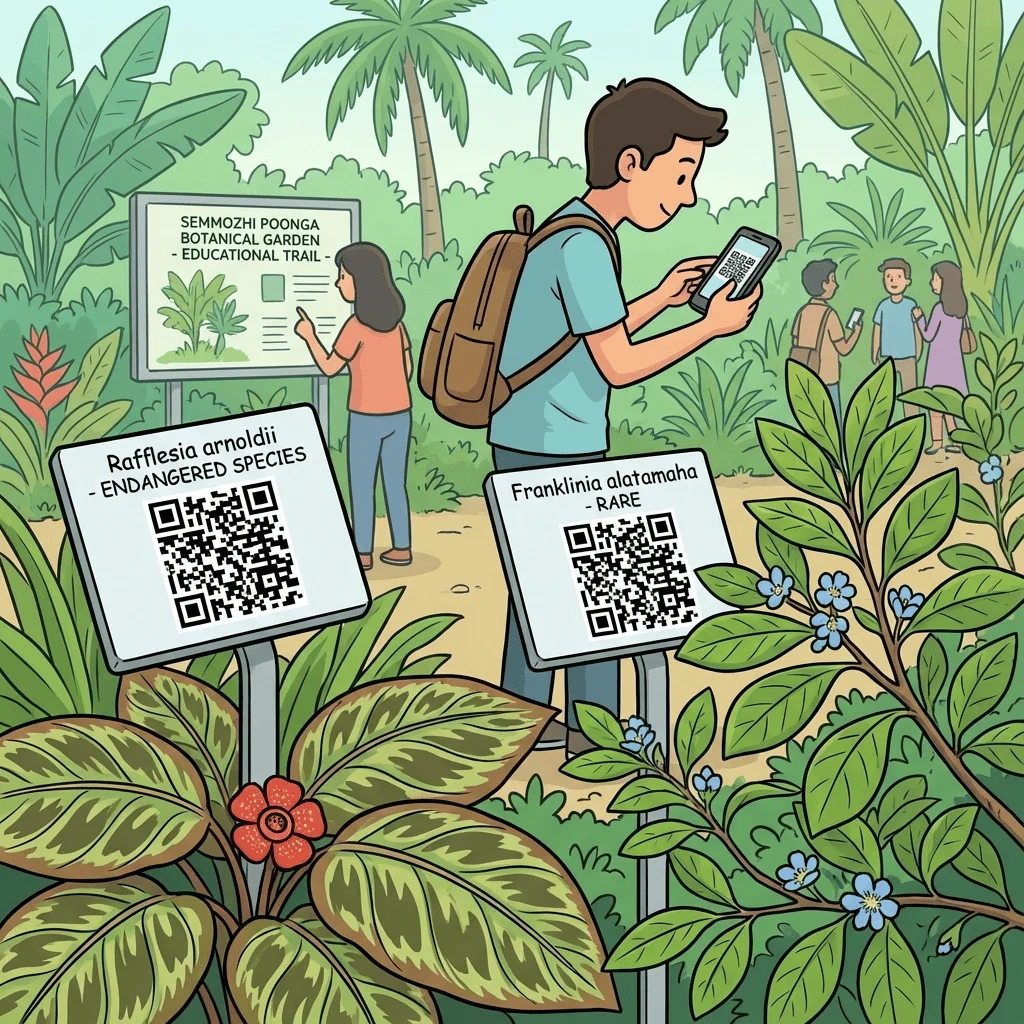 Rare and endangered plant species at Semmozhi Poonga with QR code labels for visitor information