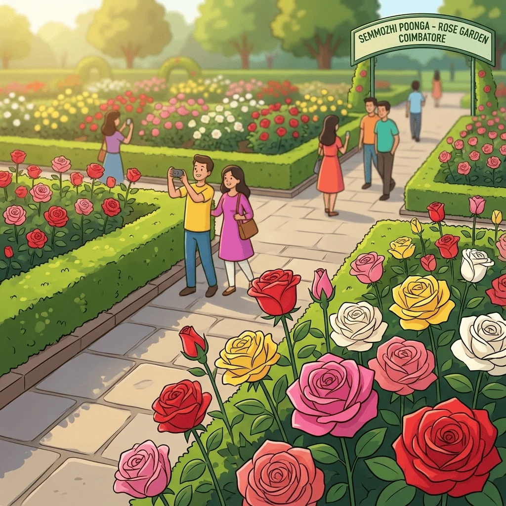 Colorful rose varieties in the Rose Garden section of Semmozhi Poonga Coimbatore