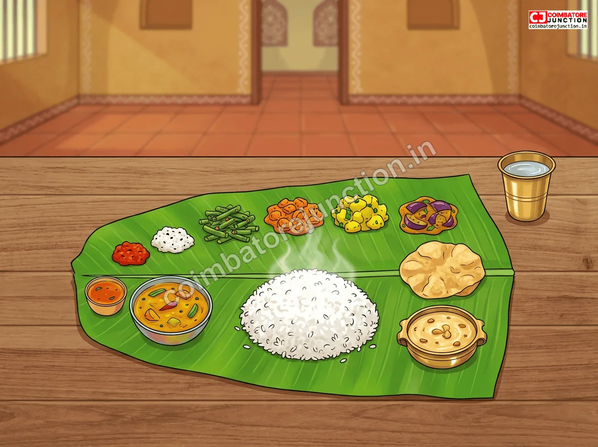 Traditional South Indian vegetarian thali on banana leaf served at a restaurant in Coimbatore