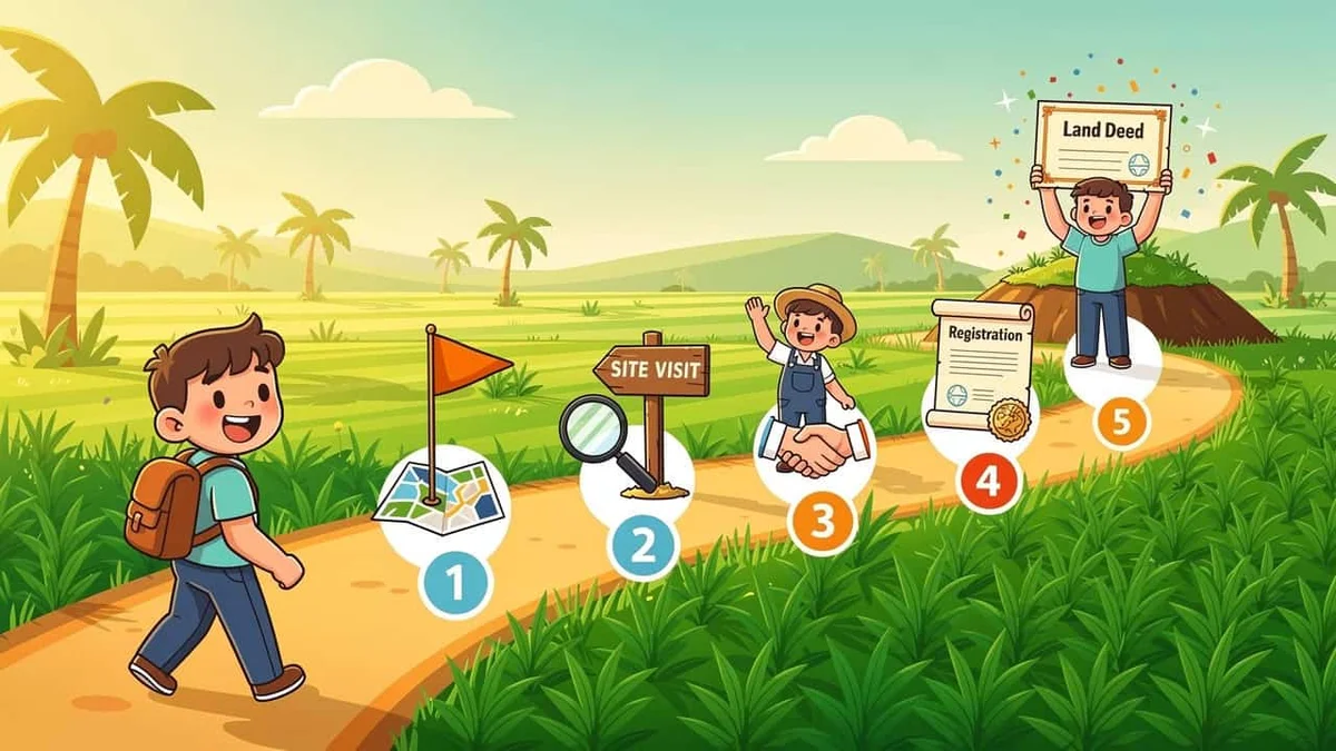 Cartoon step-by-step journey for buying Coimbatore farm land