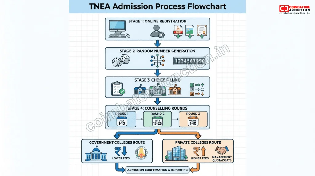 TNEA counselling admission process flowchart showing registration, choice filling, counselling rounds, and seat allotment for Coimbatore engineering colleges