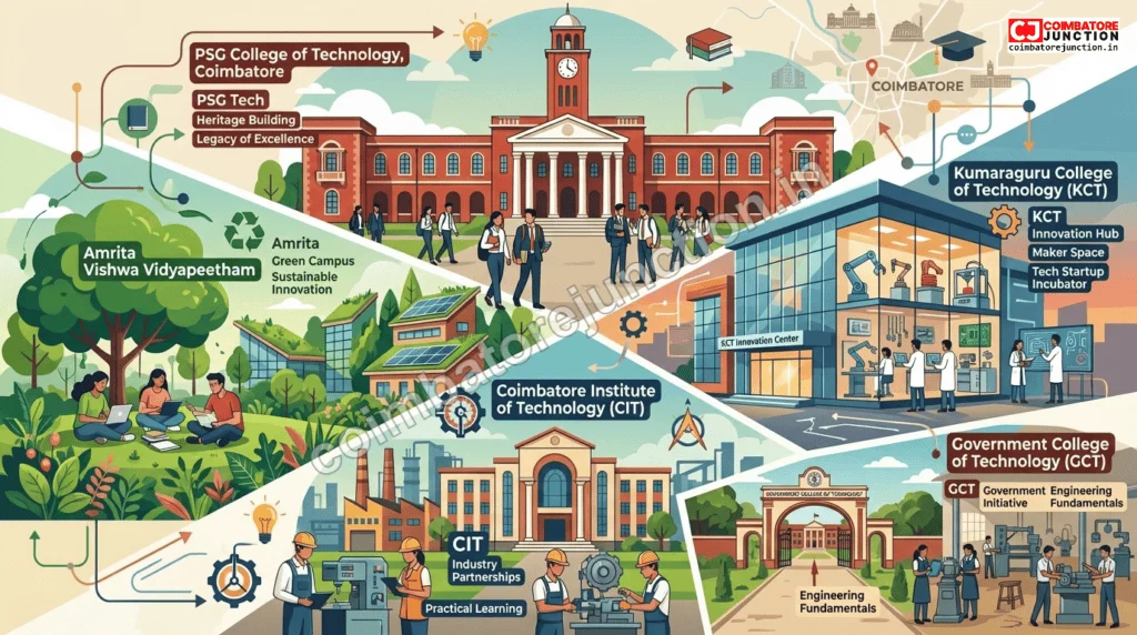 Collage showing campus highlights of PSG Tech, Amrita, KCT, SKCET, and CIT engineering colleges in Coimbatore with students engaged in academic and extracurricular activities