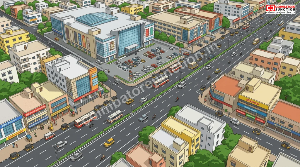 Aerial view of Avinashi Road and Broadway Mall area in Coimbatore near Ooh-La-La Carnival venue