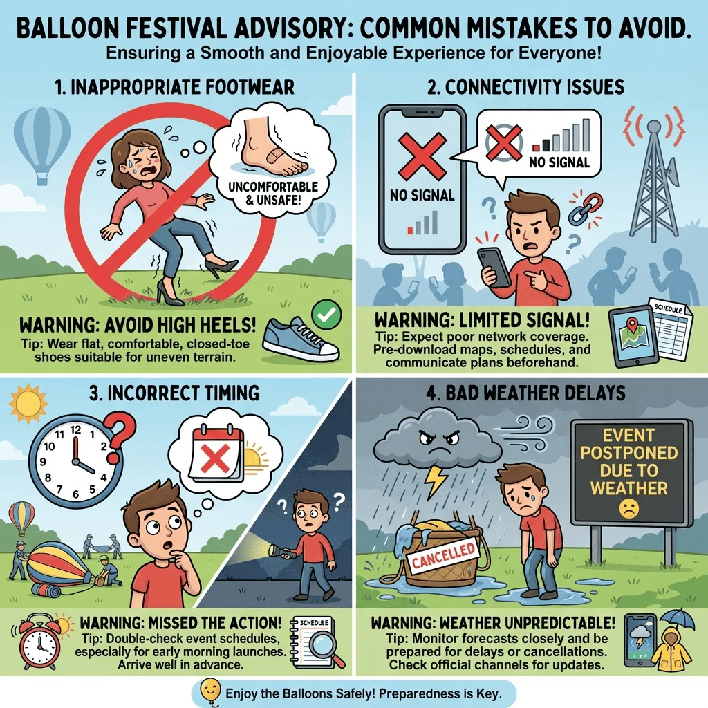 Infographic showing common mistakes to avoid at the Tamil Nadu International Balloon Festival including wrong footwear and timing