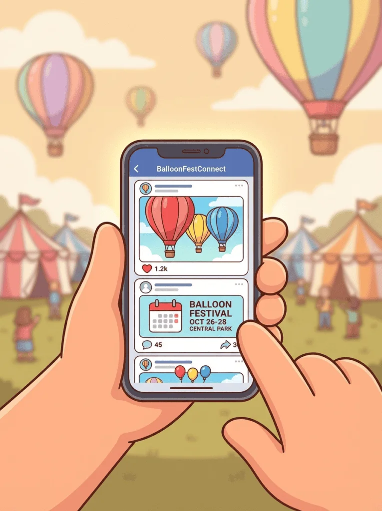 Smartphone displaying Tamil Nadu International Balloon Festival social media updates with festival grounds in background