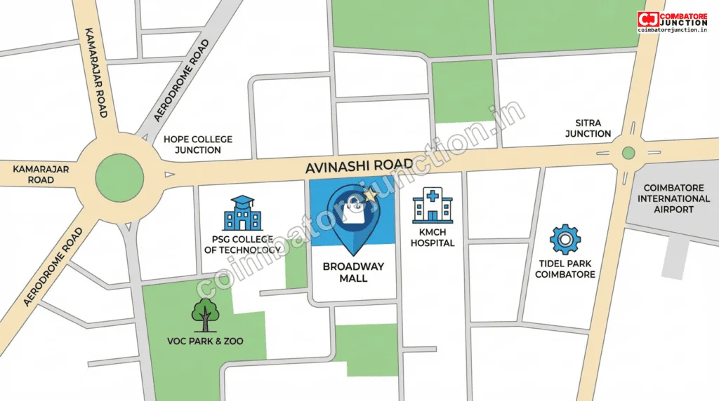 Map showing Ooh-La-La Carnival location at Broadway Mall near KMCH Hospital Avinashi Road Coimbatore