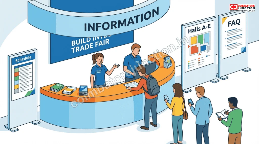 Information desk answering visitor questions at Build Intec Coimbatore exhibition