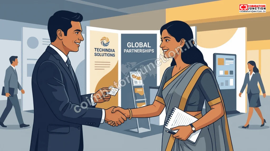 Business professionals networking and exchanging business cards at the Jubilant Tamilnadu Global Expo