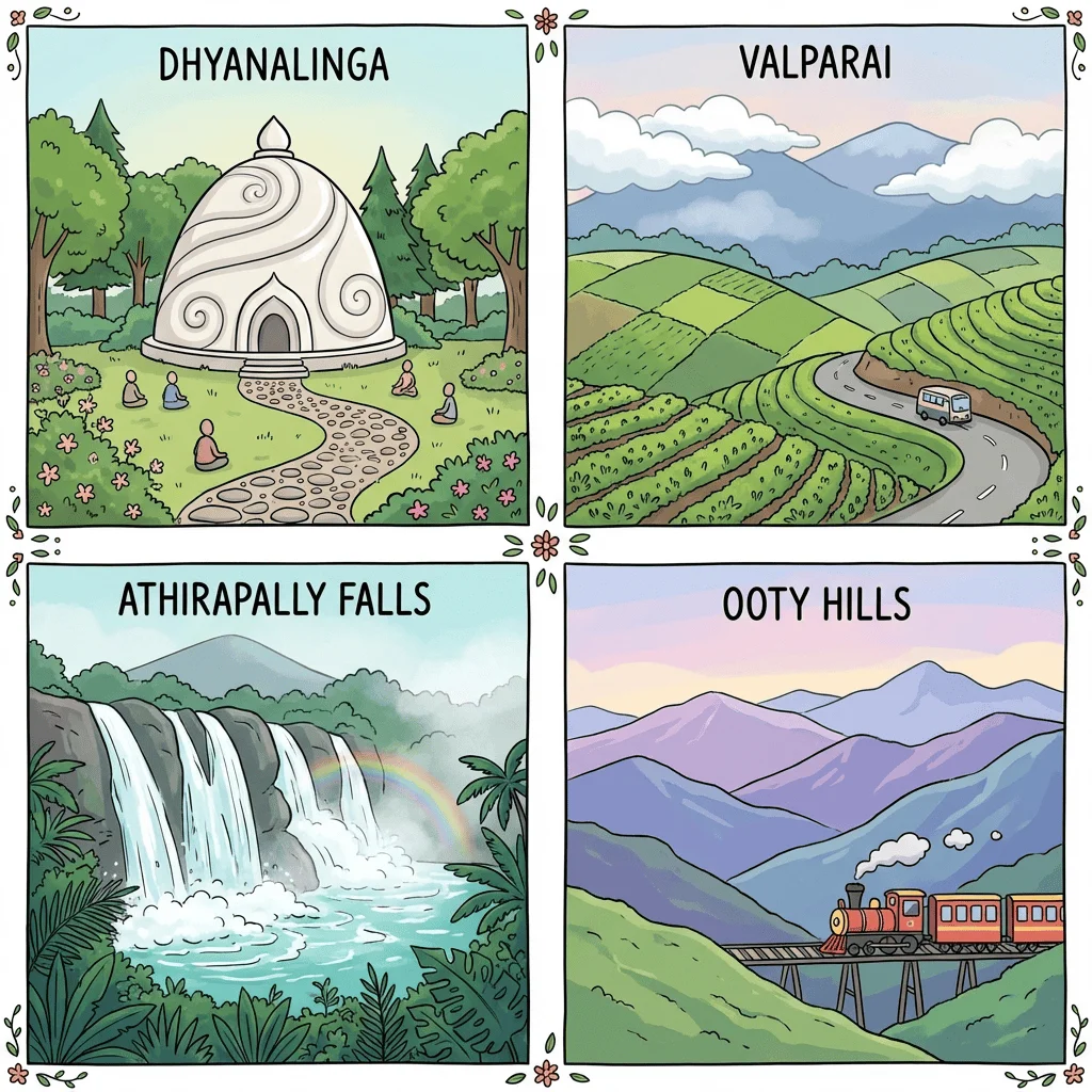 Collage of tourist attractions near Coimbatore including Isha Yoga Center, Valparai tea estates, Athirapally Falls, and Ooty hills